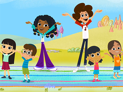 Jeremy, Jazzy, and four children dance on the musical road.