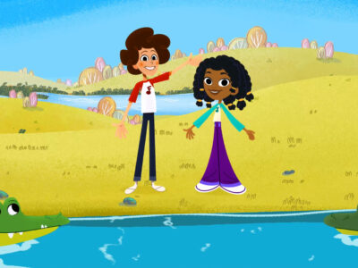 Jeremy and Jazzy wave at two alligators