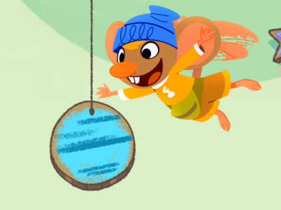 Stu flies among an imaginary universe.