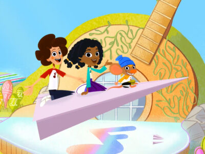 Jeremy, Jazzy, and Stu ride a paper plane