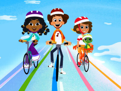 Jazzy, Jeremy, Turtle, and Guy ride bikes together