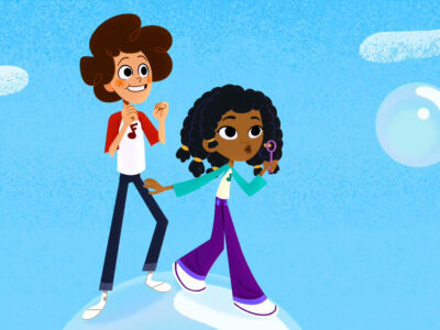 Jeremy and Jazzy stand on a floating bubble