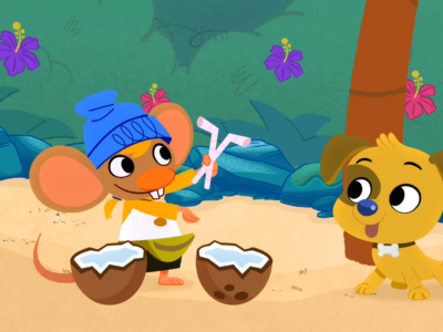 Stu and Dog share a coconut.