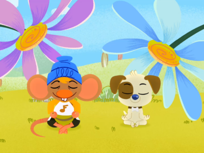 Stu and Dog sit in lotus position